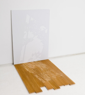 acrylic paint on sheetrock panel, hardwood, wood stain, and varnish